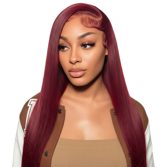 Yoyo Crown red straight human hair wig worn by a model with a side part and natural baby hairs