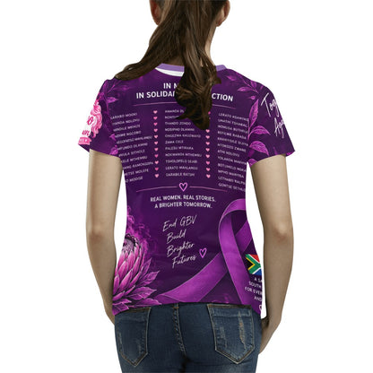 Model wearing the Honour Their Names shirt, back view