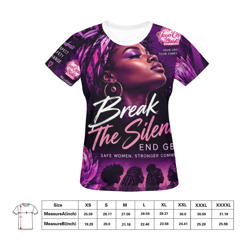 Women's Break the Silence shirt and supplier size chart