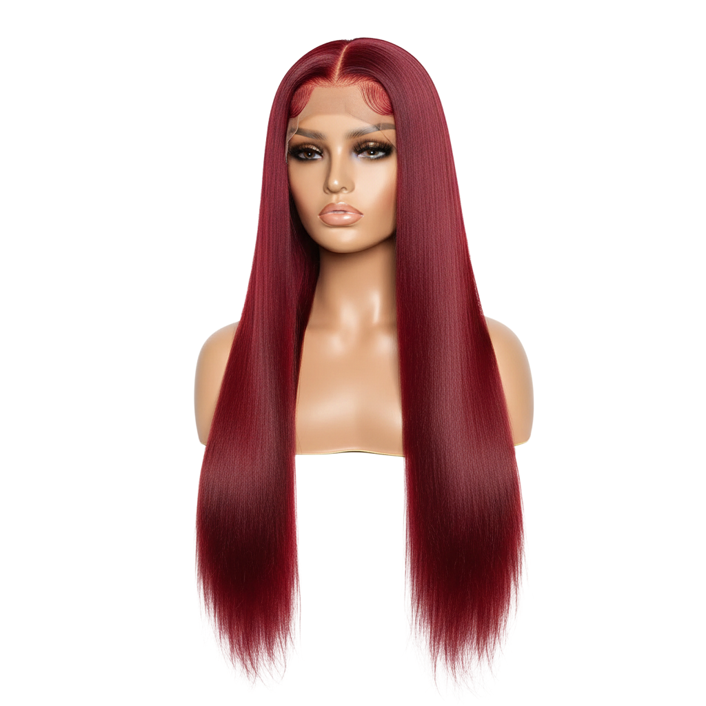 Yoyo Crown red straight human hair lace front wig on a mannequin head with a natural hairline