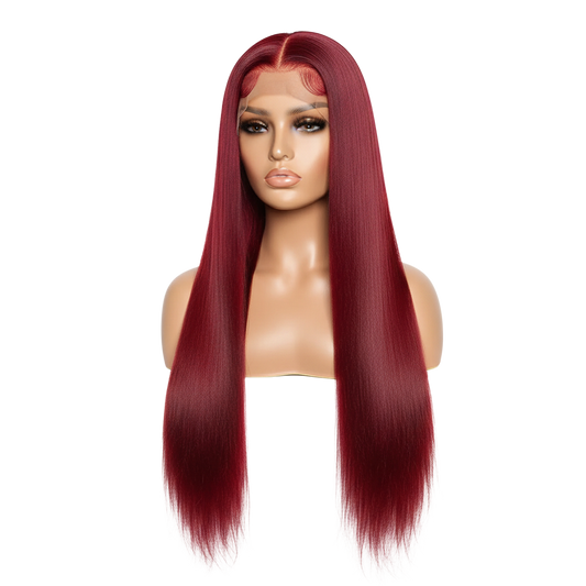 Yoyo Crown red straight human hair lace front wig on a mannequin head with a natural hairline