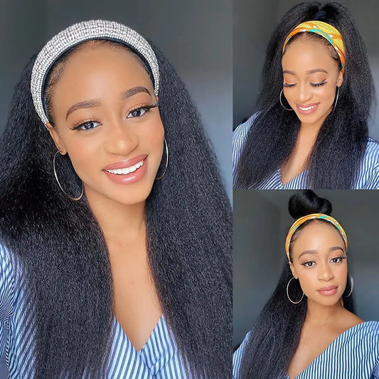 Long Kinky Straight Headband Synthetic Hair Wigs for African American Women Afro Yaki Straight Headband Wigs for Black Women