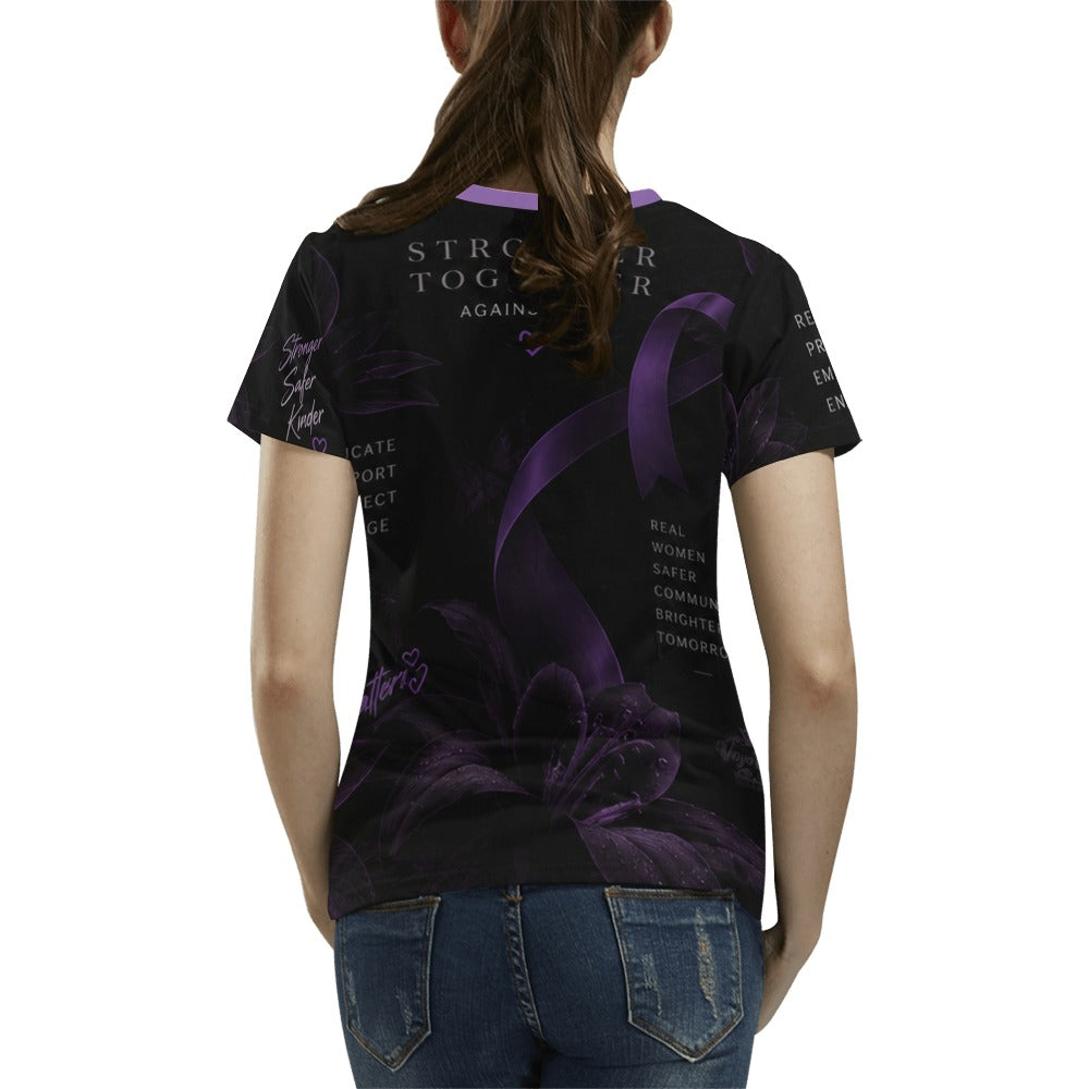 Model wearing the black and purple shirt, back view