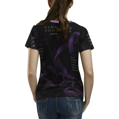 Model wearing the black and purple shirt, back view