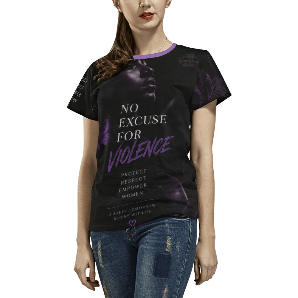 Model wearing the black and purple shirt, front view