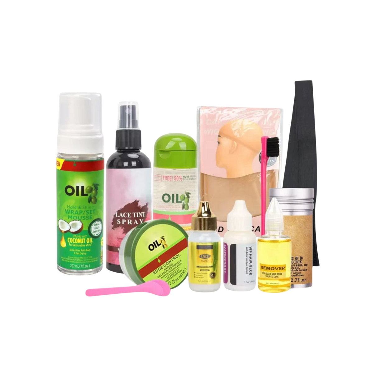 Yoyo Crown 12-piece wig installation kit featuring lace tint, edge control, glue, remover, and styling tools.