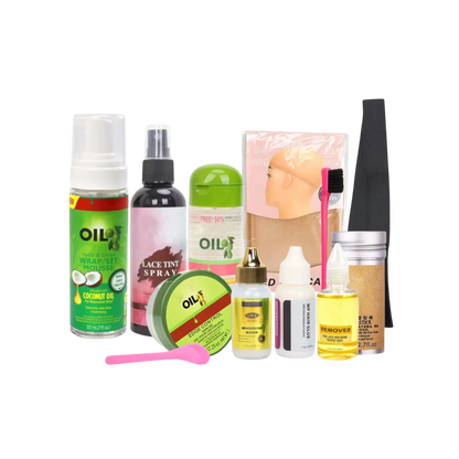 Yoyo Crown 12-piece wig installation kit featuring lace tint, edge control, glue, remover, and styling tools.