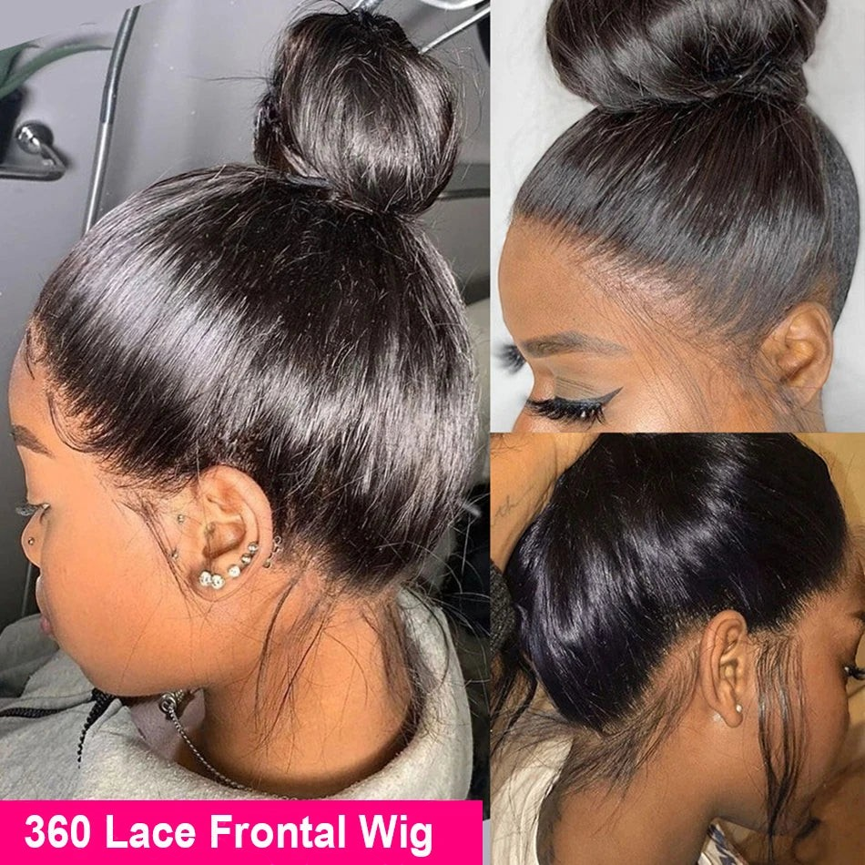 Yoyo Crown 360 lace frontal straight human hair wig in natural black styled in a high bun with invisible hairline