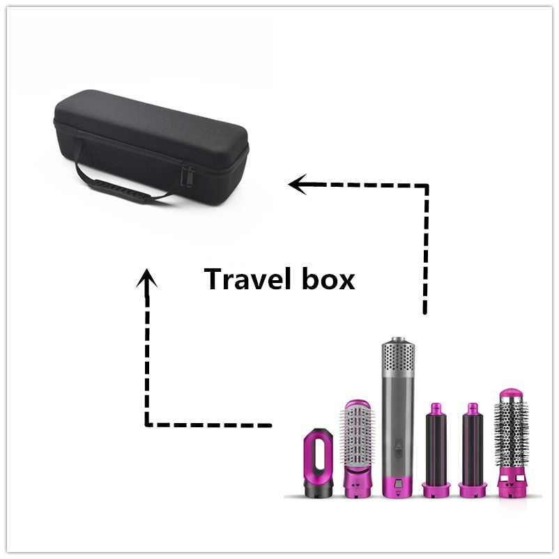 Yoyo Crown 5-in-1 hot-air styling brush set with purple attachments and a black protective travel storage case