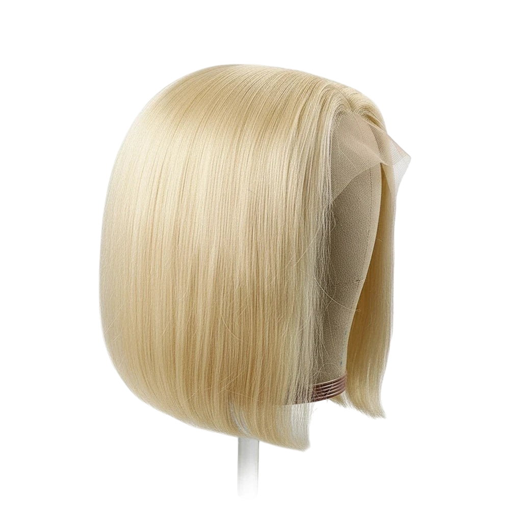 Yoyo Crown 613 blonde straight bob wig with 13x2.5 front lace and natural hairline on a mannequin head