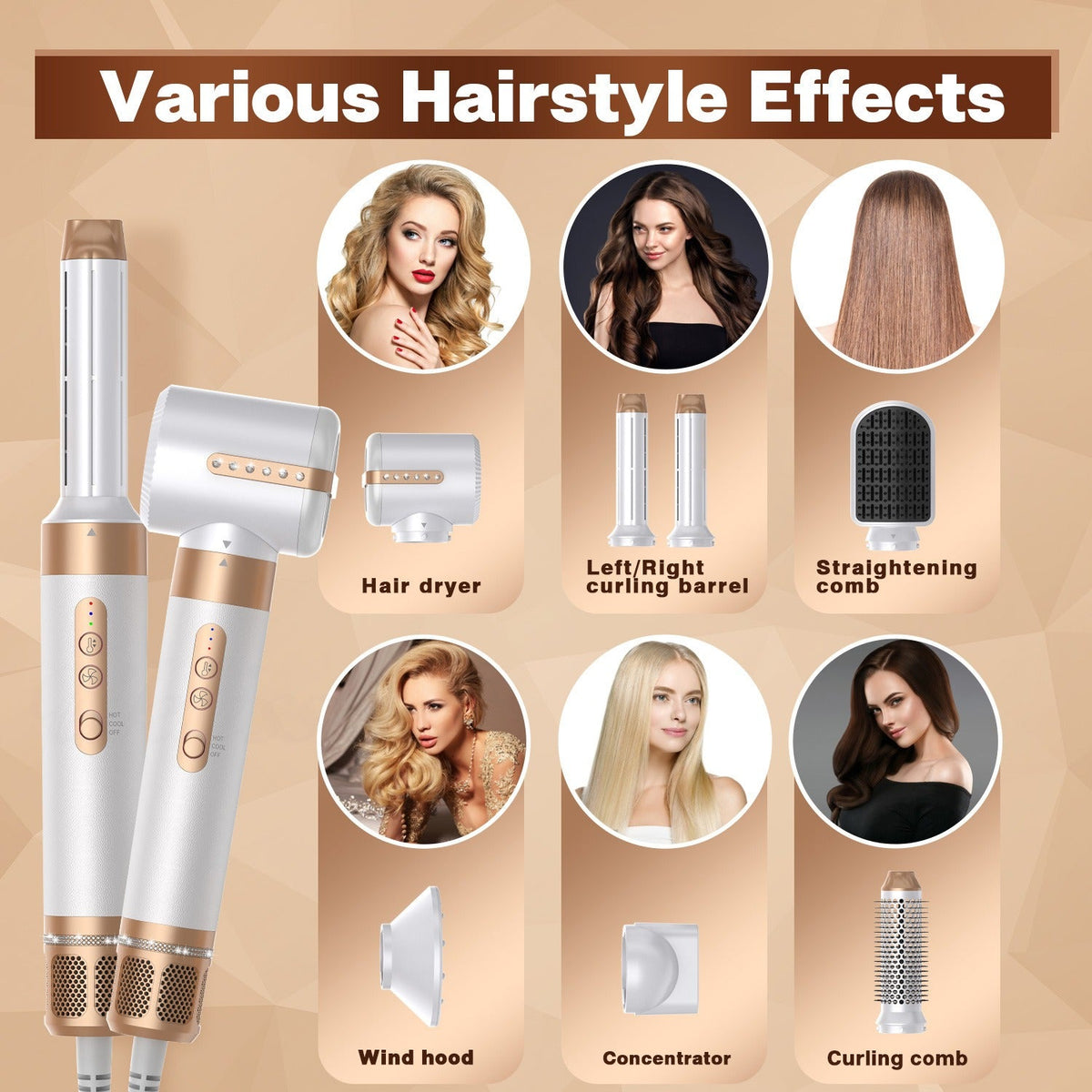 Yoyo Crown 7-in-1 professional hair styling set with platinum finish, multiple attachments, and heat settings.