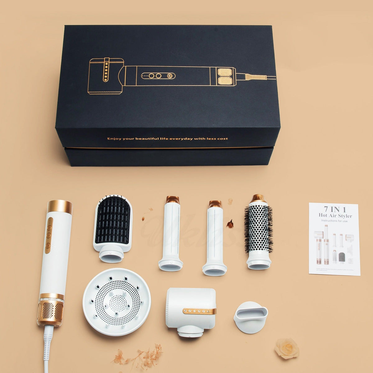 Yoyo Crown 7-in-1 professional hair styling set in white and gold with multiple attachments and storage box