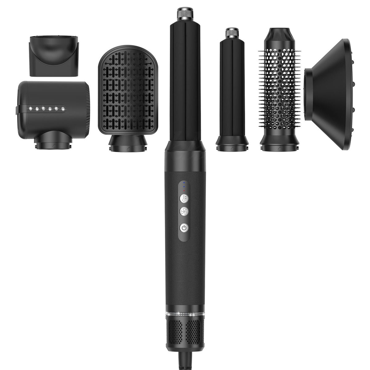 Yoyo Crown 7-in-1 professional hair styling set with black handle and various interchangeable styling attachments