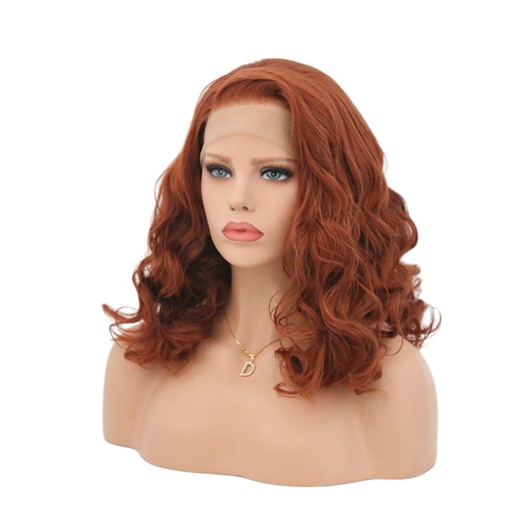 Yoyo Crown warm auburn lace front bobo wig with wavy shoulder-length hair on a mannequin head