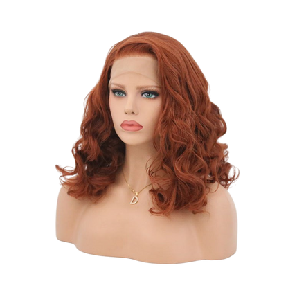 Yoyo Crown warm auburn lace front bobo wig with wavy shoulder-length hair on a mannequin head