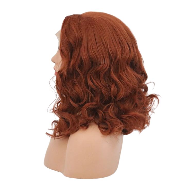 Yoyo Crown warm auburn lace bobo wig with wavy shoulder-length hair on a mannequin head, side profile view