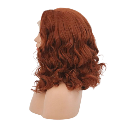 Yoyo Crown warm auburn lace bobo wig with wavy shoulder-length hair on a mannequin head, side profile view