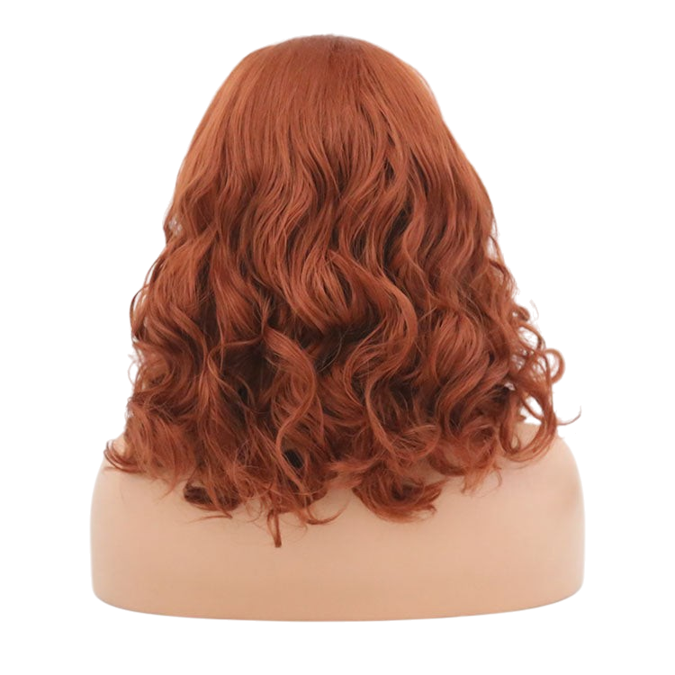 Yoyo Crown warm auburn bobo wig with wavy texture shown from the back on a mannequin head
