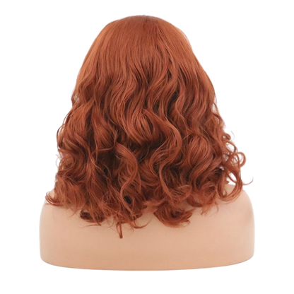 Yoyo Crown warm auburn bobo wig with wavy texture shown from the back on a mannequin head