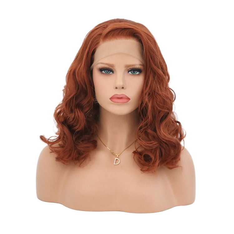 Yoyo Crown warm auburn bobo wig with wavy texture and natural lace front on a mannequin head