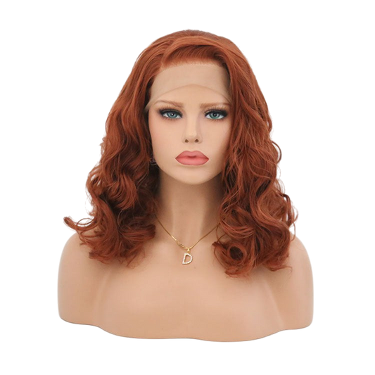Yoyo Crown warm auburn bobo wig with wavy texture and natural lace front on a mannequin head