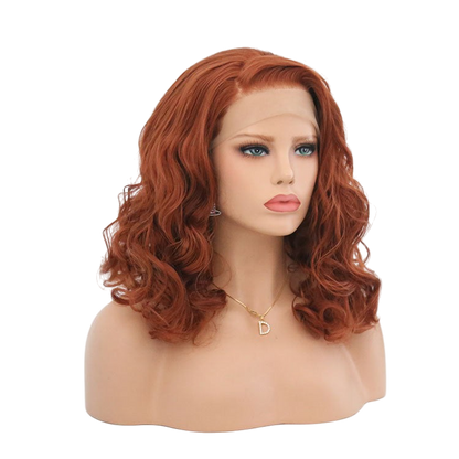 Yoyo Crown warm auburn bobo lace front wig with wavy shoulder-length hair on a mannequin head