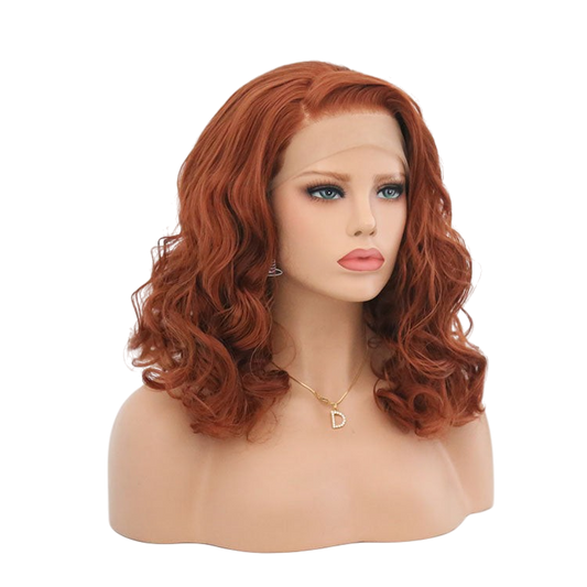 Yoyo Crown warm auburn bobo lace front wig with wavy shoulder-length hair on a mannequin head