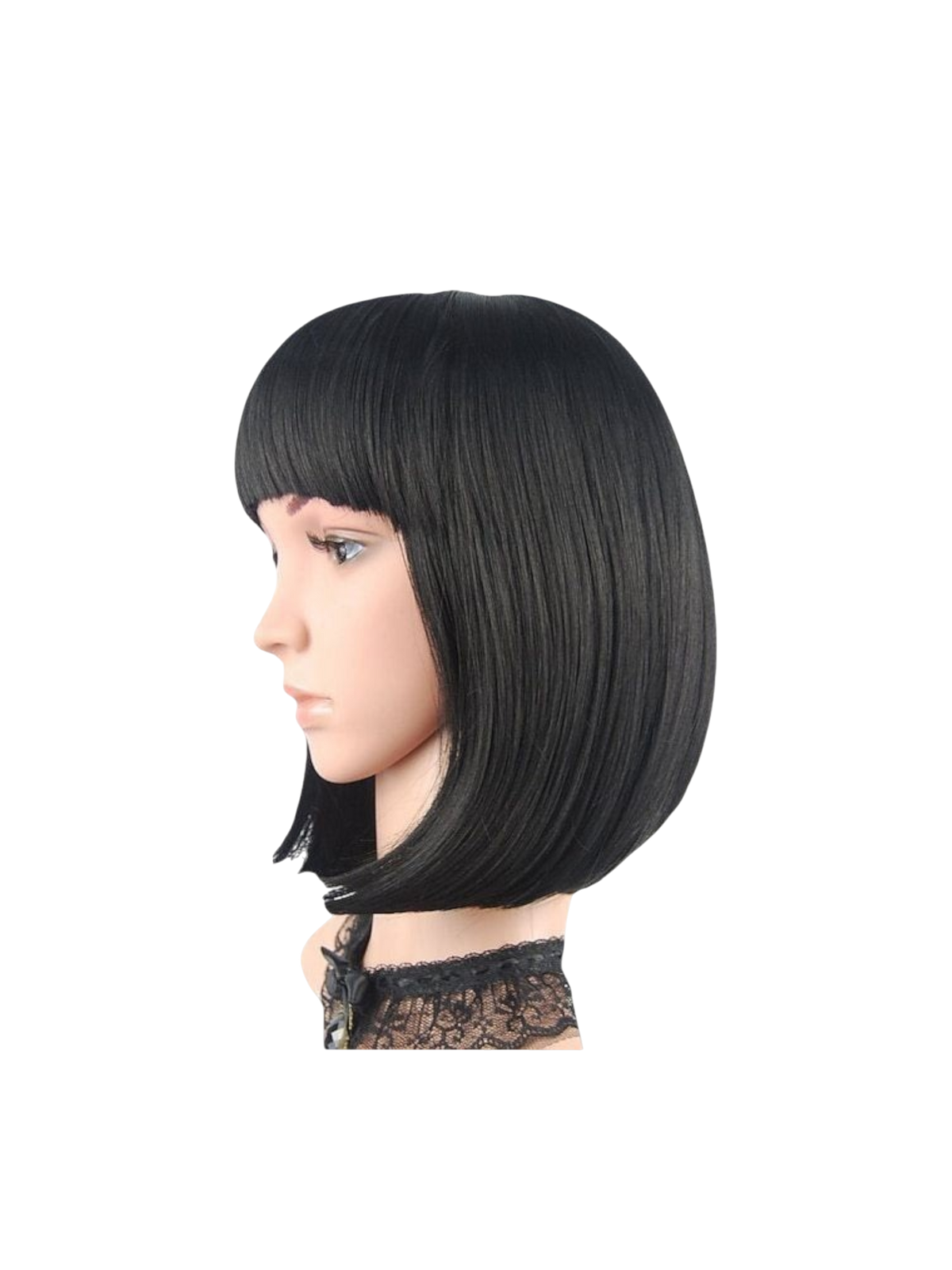 Yoyo Crown black synthetic short bob wig with straight bangs on a mannequin head, side profile view.