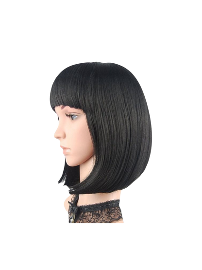 Yoyo Crown black synthetic short bob wig with straight bangs on a mannequin head, side profile view.