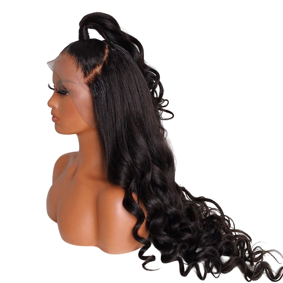 Yoyo Crown black body wave lace front wig on a mannequin head styled in a high half-up ponytail with natural hairline