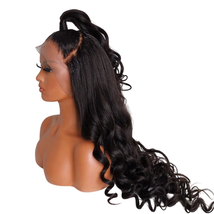 Yoyo Crown black body wave lace front wig on a mannequin head styled in a high half-up ponytail with natural hairline