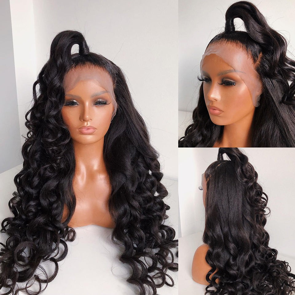 Yoyo Crown black body wave lace front wig with a high half-up ponytail style on a mannequin head