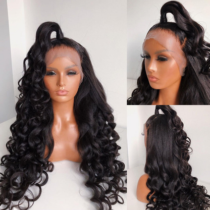 Yoyo Crown black body wave lace front wig with a high half-up ponytail style on a mannequin head