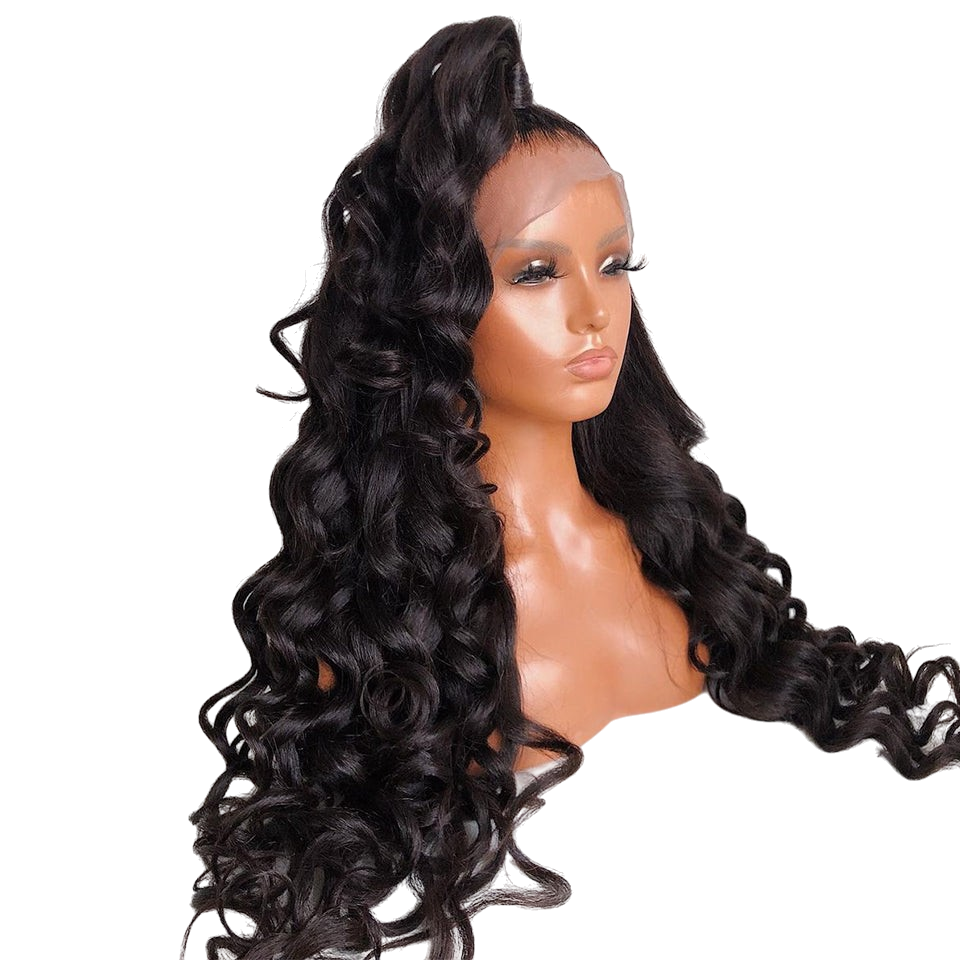 Yoyo Crown black body wave lace front wig with a half-up ponytail style on a mannequin head
