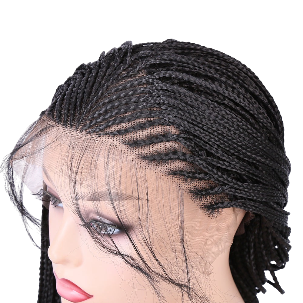Yoyo Crown long black synthetic lace front wig with detailed box braids on a mannequin head