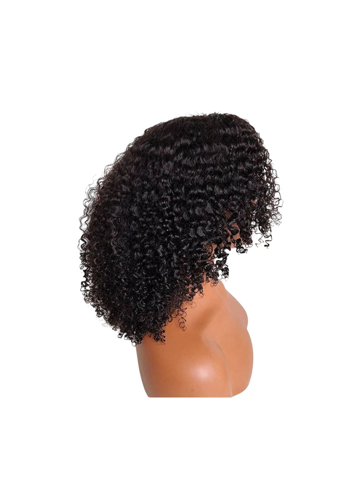Yoyo Crown black curly lace front human hair wig on a mannequin head showing side profile with voluminous curls