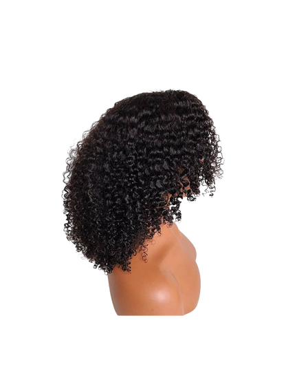 Yoyo Crown black curly lace front human hair wig on a mannequin head showing side profile with voluminous curls