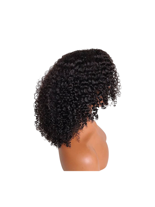 Yoyo Crown black curly lace front human hair wig on a mannequin head showing side profile with voluminous curls