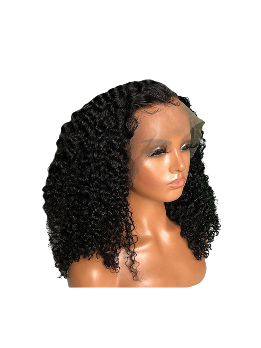 Yoyo Crown black curly lace front human hair wig on a mannequin head with a natural-looking hairline
