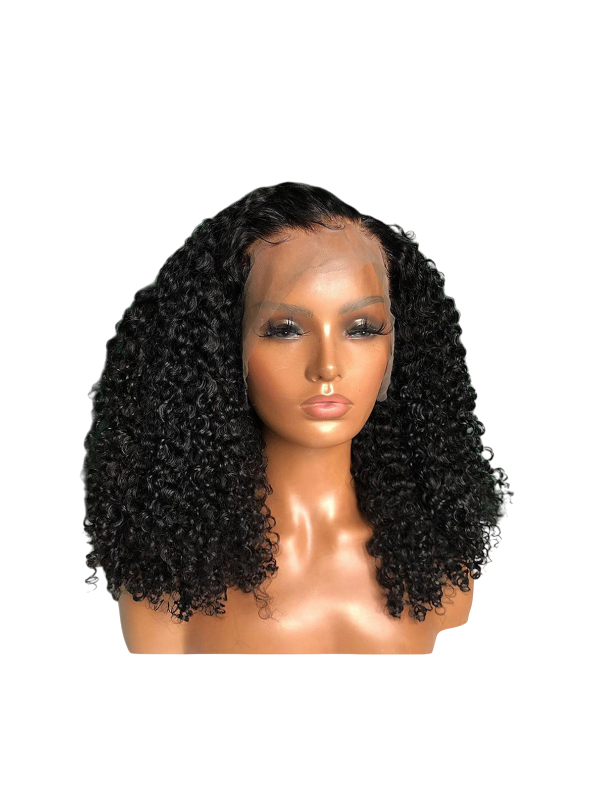 Yoyo Crown black curly lace front human hair wig on a mannequin head with a natural-looking hairline.