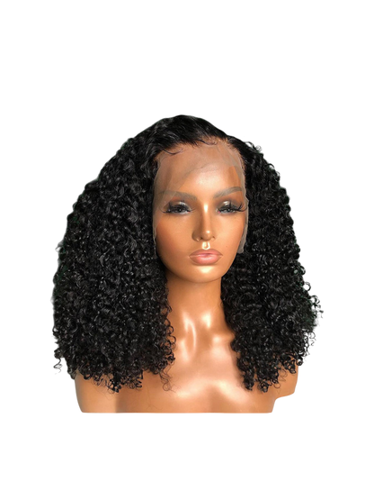 Yoyo Crown black curly lace front human hair wig on a mannequin head with a natural-looking hairline.