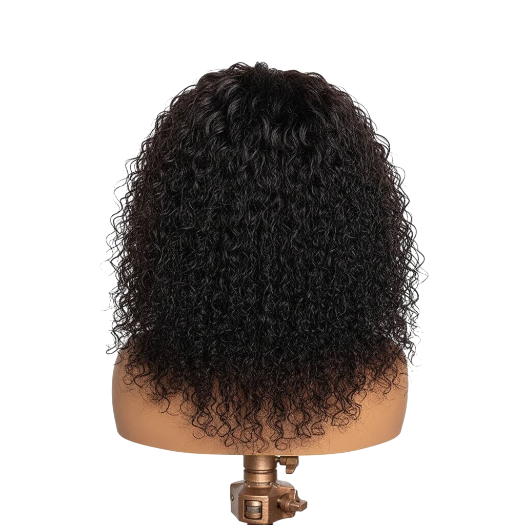 Yoyo Crown curly lace front human hair wig in black with voluminous afro texture on a mannequin head