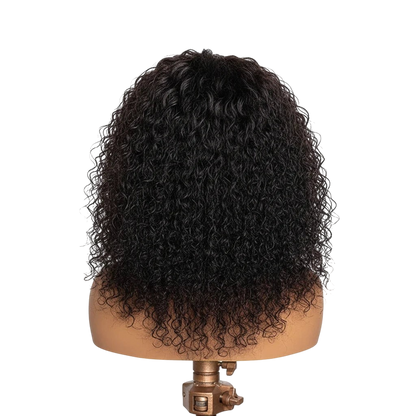 Yoyo Crown curly lace front human hair wig in black with voluminous afro texture on a mannequin head