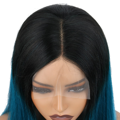 Yoyo Crown straight bob wig with black roots and dark green ombre, featuring a 4x4 lace closure for a natural part.