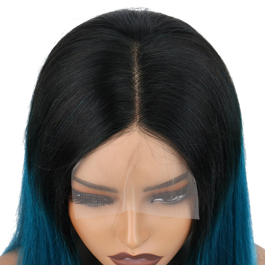 Yoyo Crown straight bob wig with black roots and dark green ombre, featuring a 4x4 lace closure for a natural part.