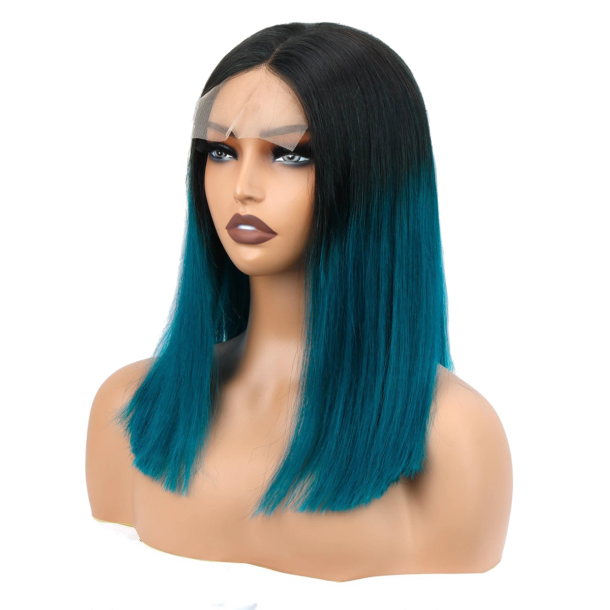 Yoyo Crown straight lace front bob wig with black roots and dark green ombre ends on a mannequin head