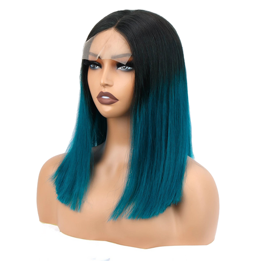 Yoyo Crown straight lace front bob wig with black roots and dark green ombre ends on a mannequin head