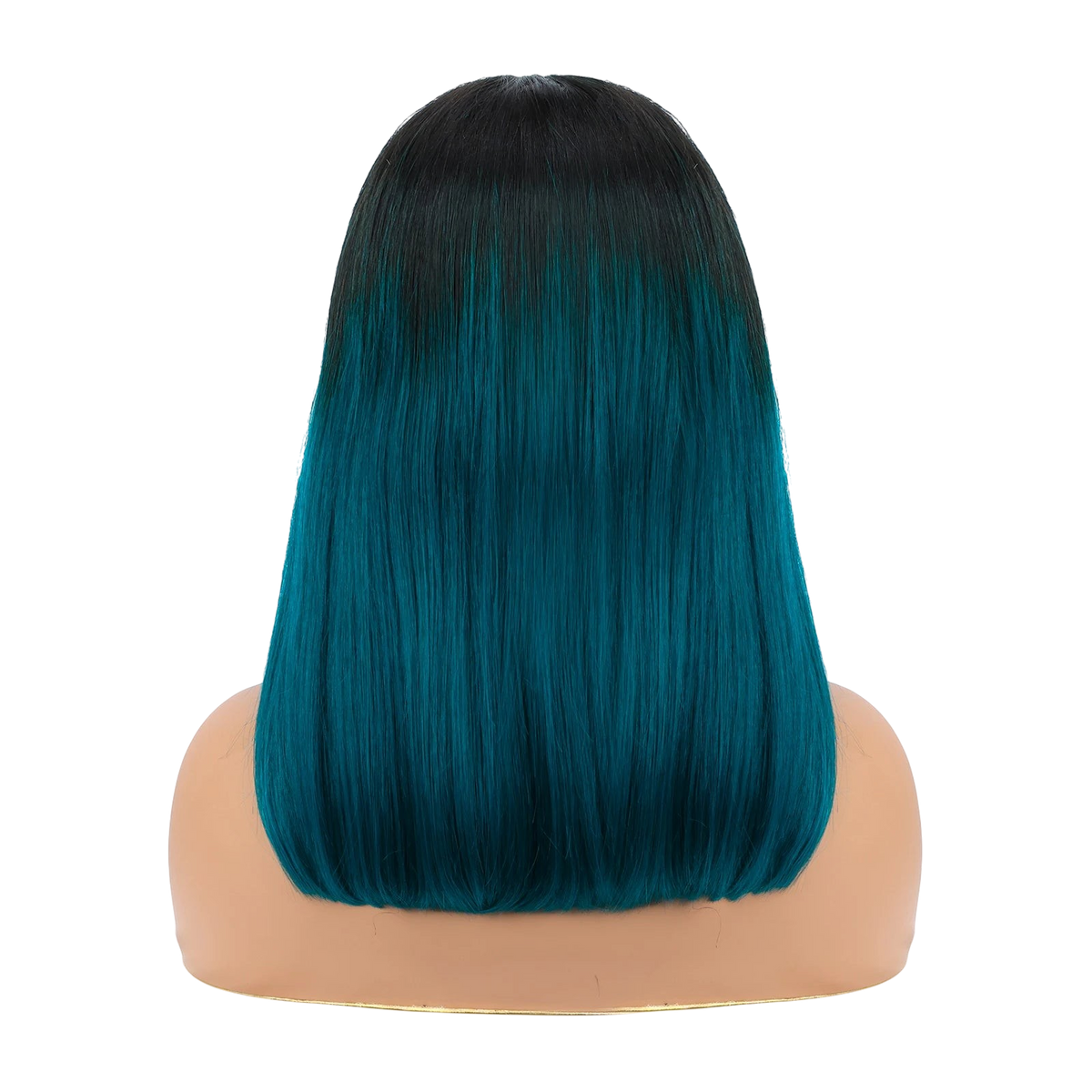 Yoyo Crown straight bob wig with black roots and dark green ombre ends on a mannequin head, back view.