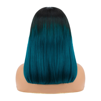 Yoyo Crown straight bob wig with black roots and dark green ombre ends on a mannequin head, back view.