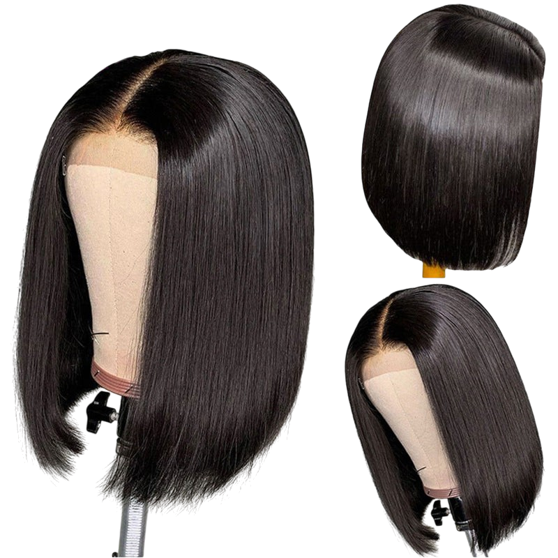 Yoyo Crown black straight bob lace front wig with a natural middle part on a mannequin head